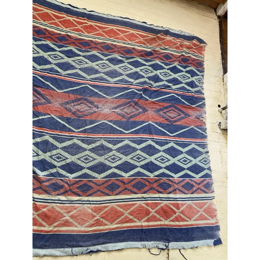 Vintage 30s 40s Cotton Camp Blanket Aztec Native Design Beacon? 76x69 Distressed